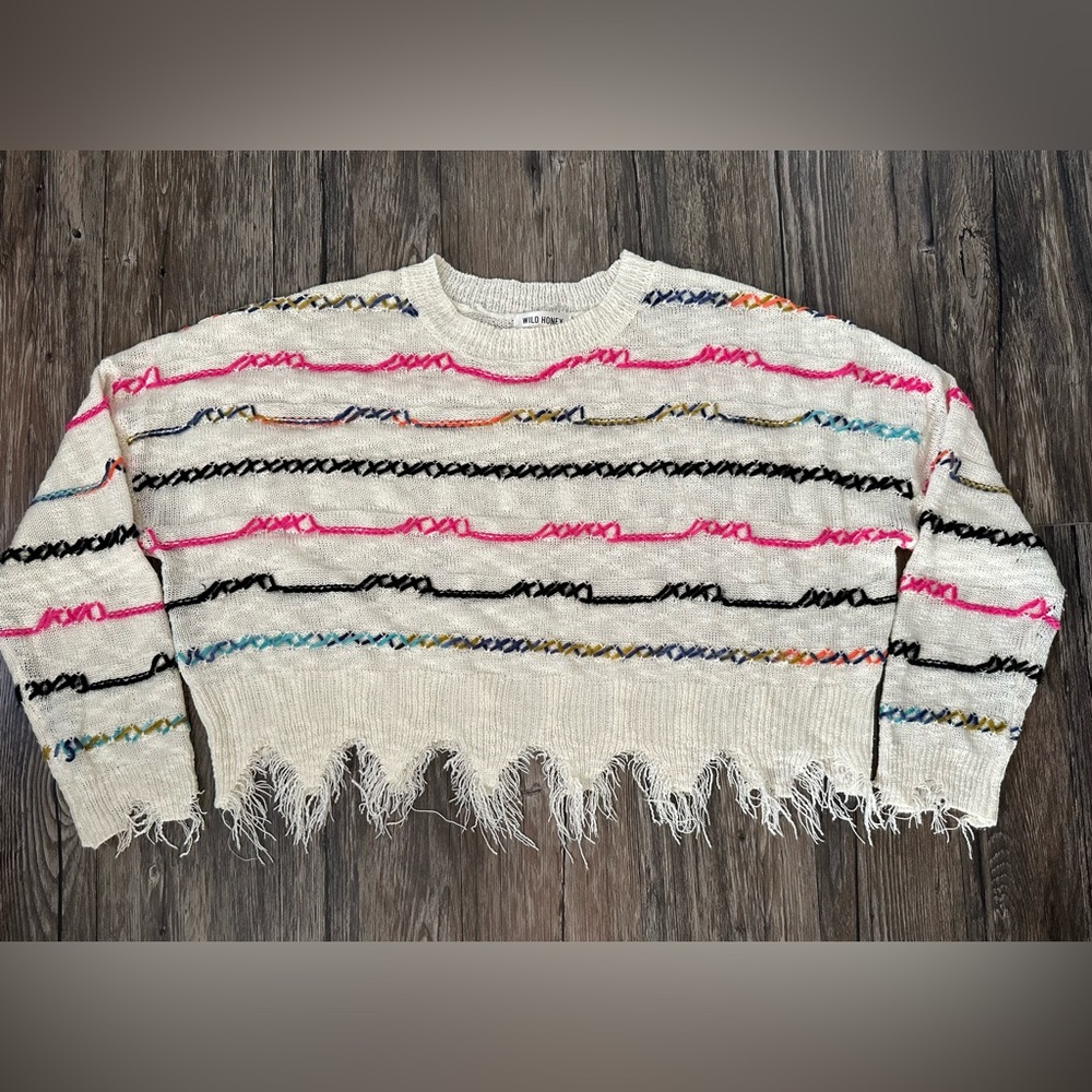 Wild Honey Cropped Fringe Knit Sweater Women's Medium - Cream Multicolor